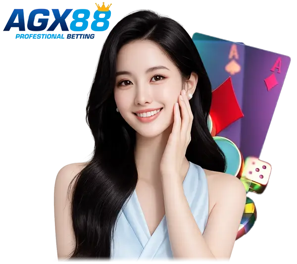 AGX88 ภาพผู้หญิงยิ้มสดใสพื้นหลังไพ่และลูกเต๋า พร้อมโลโก้ AGX88 ด้านบน โทนฟ้าขาวสไตล์เว็บคาสิโนออนไลน์