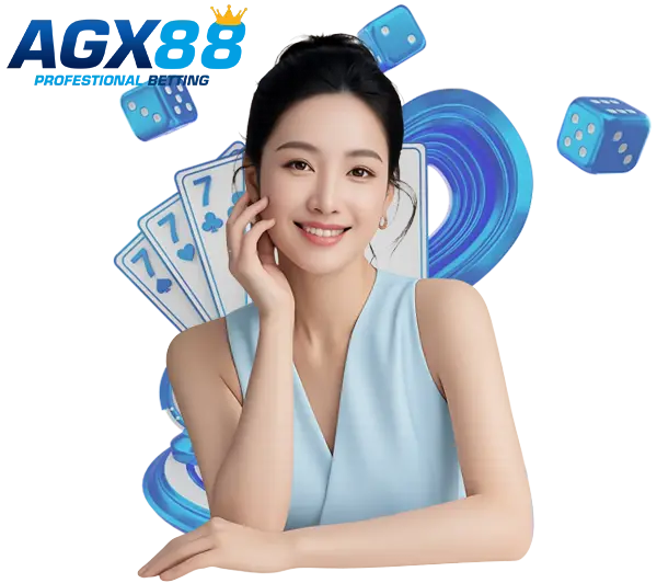 AGX88 เว็บตรงคาสิโนออนไลน์ ภาพโปรโมทหน้าแรกผู้หญิงถือไพ่ โทนฟ้าน้ำเงินทันสมัย