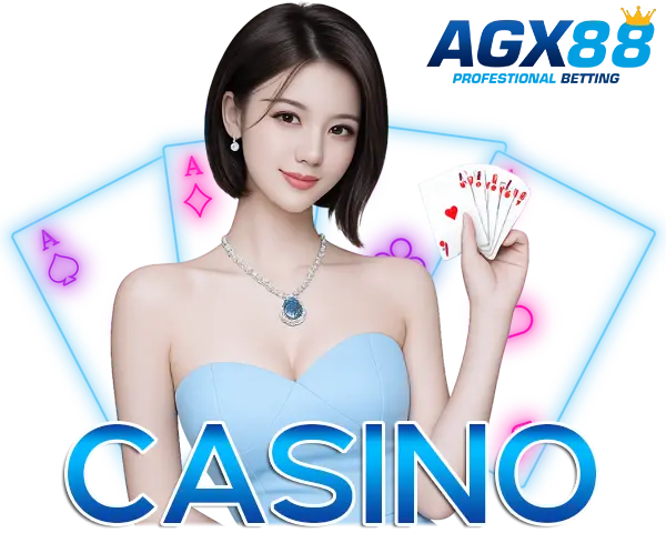AGX88 ภาพหมวดคาสิโน ผู้หญิงชุดสีฟ้าถือไพ่ พร้อมตัวอักษร CASINO สีฟ้าเด่นและโลโก้ AGX88 ด้านบน สไตล์เว็บคาสิโนออนไลน์ทันสมัย