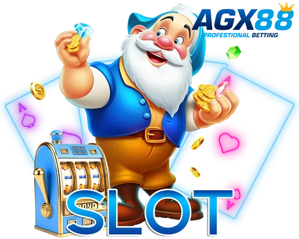 AGX88 ภาพเกมสล็อตตัวการ์ตูนซานตาคลอสถือเหรียญทอง พร้อมตัวอักษร SLOT สีฟ้าและโลโก้ AGX88 ด้านบน สไตล์สล็อตคาสิโนออนไลน์